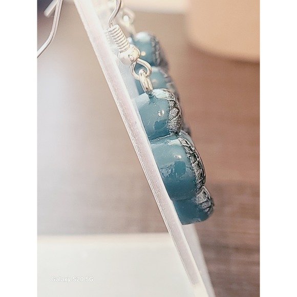 Handmade Blue Plaid Flower Resin Drop Earrings Silver French Hook Floral Dangle - Picture 2 of 9